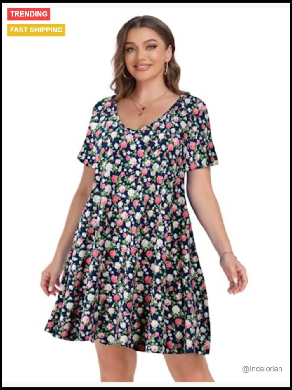 Plus Size V Neck Short Sleeve A Line Midi Sundress with Pockets - Picture 2 of 7